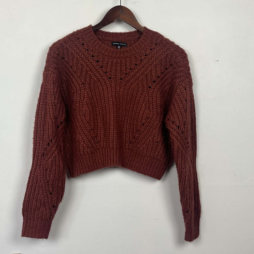Kendall Kylie Cropped Sweater XS Rust Brown Pumpkin Spice Open Knit Whimsigoth